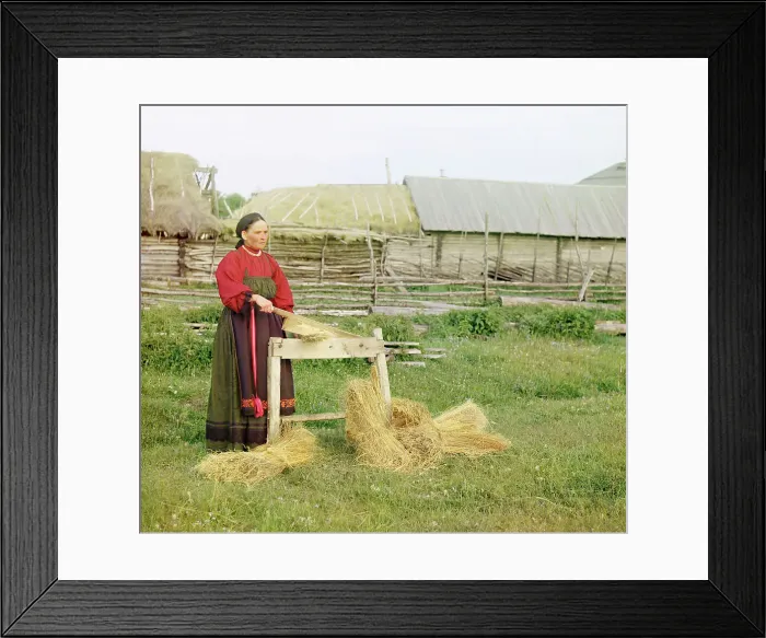 Framed Print : Peasant woman breaking flax;Perm Province, 1910. Creator: Sergey Mikhaylovich Prokudin-Gorsky Framed Print : Peasant woman breaking flax;Perm Province, 1910. Creator: Sergey Mikhaylovich Prokudin-Gorsky