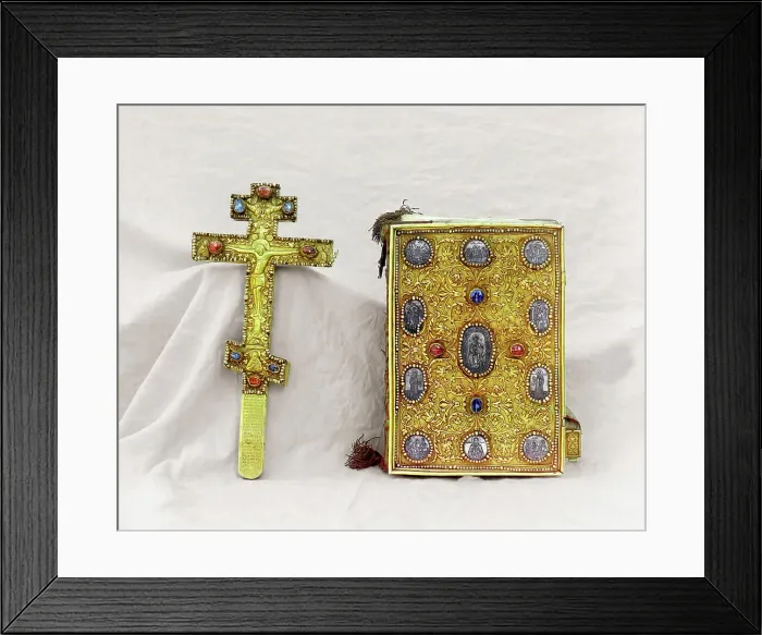 Framed Print : Cross and the Gospel; gift from Tsar Mikhail Feodorovich, vestry of the Assumption Cathedral...1911. Creator: Sergey Mikhaylovich Prokudin-Gorsky Framed Print : Cross and the Gospel; gift from Tsar Mikhail Feodorovich, vestry of the Assumption Cathedral...1911. Creator: Sergey Mikhaylovich Prokudin-Gorsky