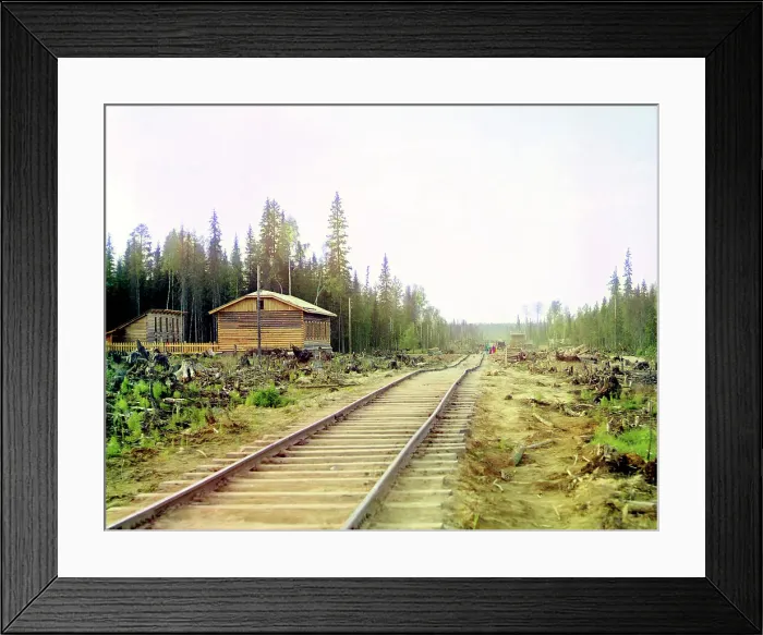 Framed Print : Ladva Station on the Murmansk railroad; Uneveness of the railway, 1915. Creator: Sergey Mikhaylovich Prokudin-Gorsky Framed Print : Ladva Station on the Murmansk railroad; Uneveness of the railway, 1915. Creator: Sergey Mikhaylovich Prokudin-Gorsky