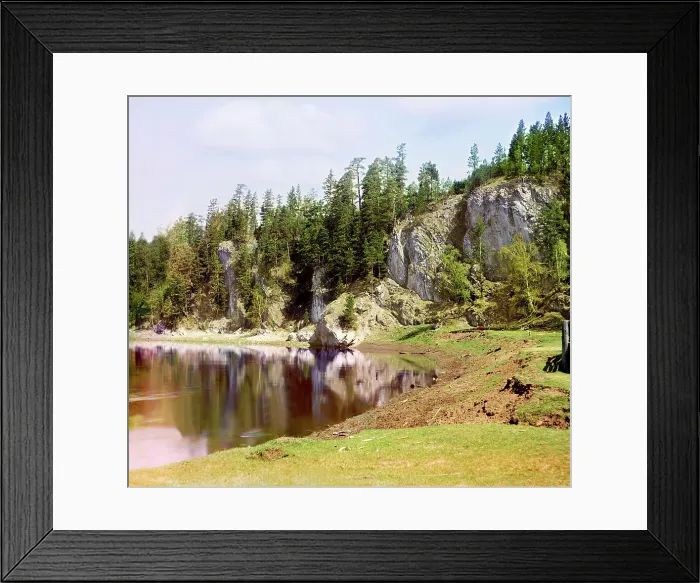 Framed Print : Vysokiy Rock below the village of Treki, Chusovaya River, 1912. Creator: Sergey Mikhaylovich Prokudin-Gorsky Framed Print : Vysokiy Rock below the village of Treki, Chusovaya River, 1912. Creator: Sergey Mikhaylovich Prokudin-Gorsky