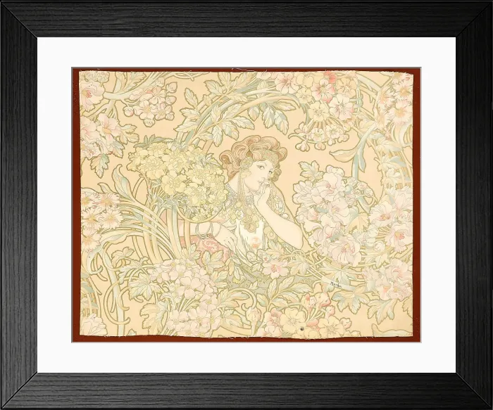 Framed Print : Woman among flowers (printed fabric), 1898-1899. Creator: Mucha, Alfons Marie (1860-1939) Framed Print : Woman among flowers (printed fabric), 1898-1899. Creator: Mucha, Alfons Marie (1860-1939)