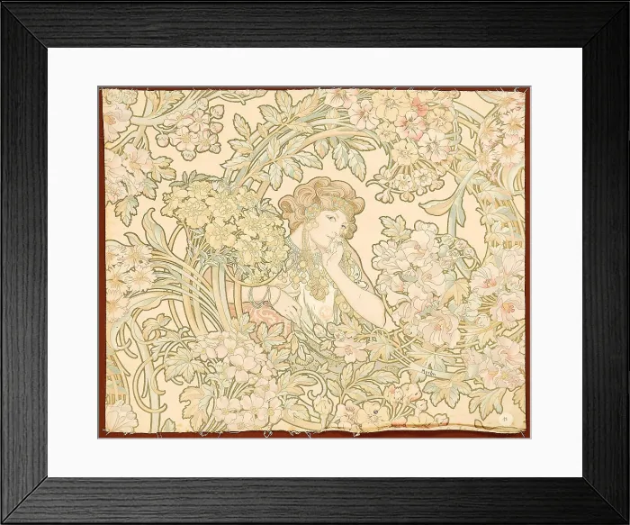 Framed Print : Woman among flowers (printed fabric), 1898-1899. Creator: Mucha, Alfons Marie (1860-1939) Framed Print : Woman among flowers (printed fabric), 1898-1899. Creator: Mucha, Alfons Marie (1860-1939)