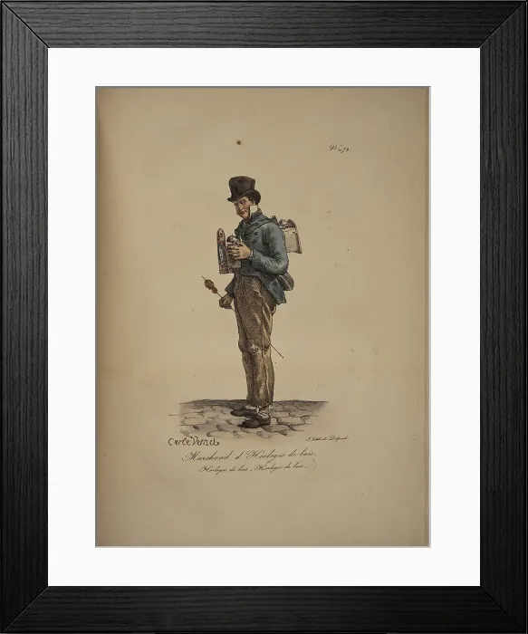 Framed Print : Wooden clock seller. From the Series Cris de Paris (The Cries of Paris), 1815. Creator: Vernet, Carle (1758-1836). Wooden clock seller. From the Series Cris de Paris (The Cries of Paris), 1815. Creator: Vernet, Carle (1758-1836) Framed Print : Wooden clock seller. From the Series Cris de Paris (The Cries of Paris), 1815. Creator: Vernet, Carle (1758-1836). Wooden clock seller. From the Series Cris de Paris (The Cries of Paris), 1815. Creator: Vernet, Carle (1758-1836)