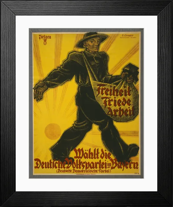 Framed Print : Freedom, peace, work. Vote for the German People's Party in Bavaria, 1919. Creator: Zietara, Valentin (1883-1935) Framed Print : Freedom, peace, work. Vote for the German People's Party in Bavaria, 1919. Creator: Zietara, Valentin (1883-1935)