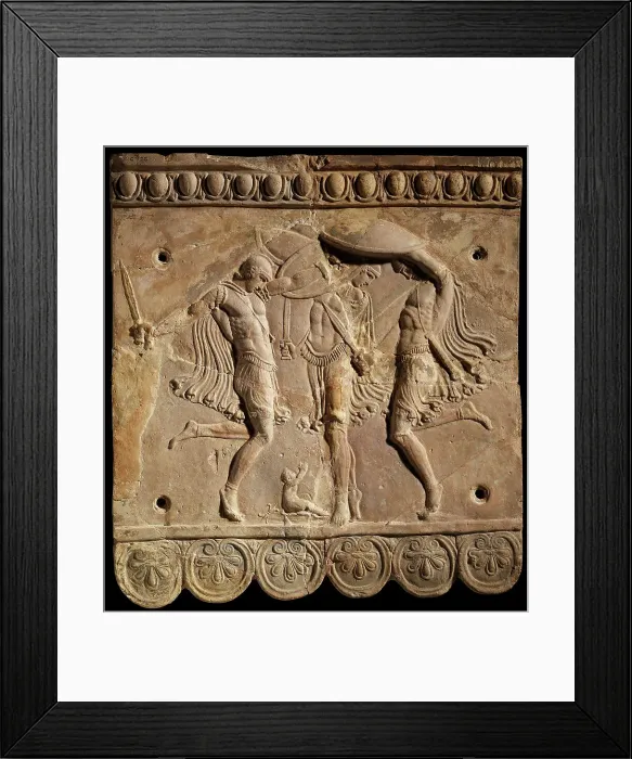 Framed Print : Corybantian dance. Terracotta Campana relief: three Curetes with swords and shields... 50 BC-100. Creator: Classical Antiquities Framed Print : Corybantian dance. Terracotta Campana relief: three Curetes with swords and shields... 50 BC-100. Creator: Classical Antiquities