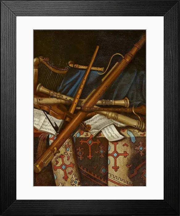 Framed Print : Still life with musical instruments and sheets music, First Half of 17th cen.. Creator: Benedetti, Andrea (c. 1615-c. 1649) Framed Print : Still life with musical instruments and sheets music, First Half of 17th cen.. Creator: Benedetti, Andrea (c. 1615-c. 1649)