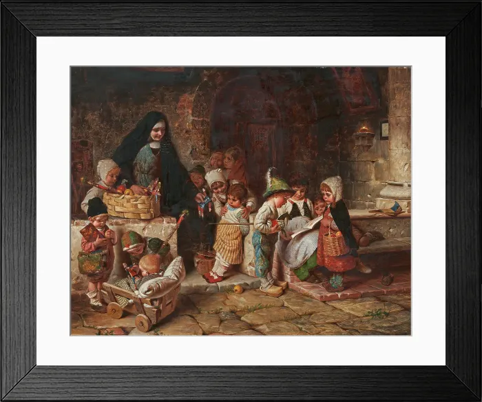 Framed Print : In the orphanage. Young nun distributes toy figures and apples to the children. Creator: Kaulbach, Hermann von (1846-1909) Framed Print : In the orphanage. Young nun distributes toy figures and apples to the children. Creator: Kaulbach, Hermann von (1846-1909)
