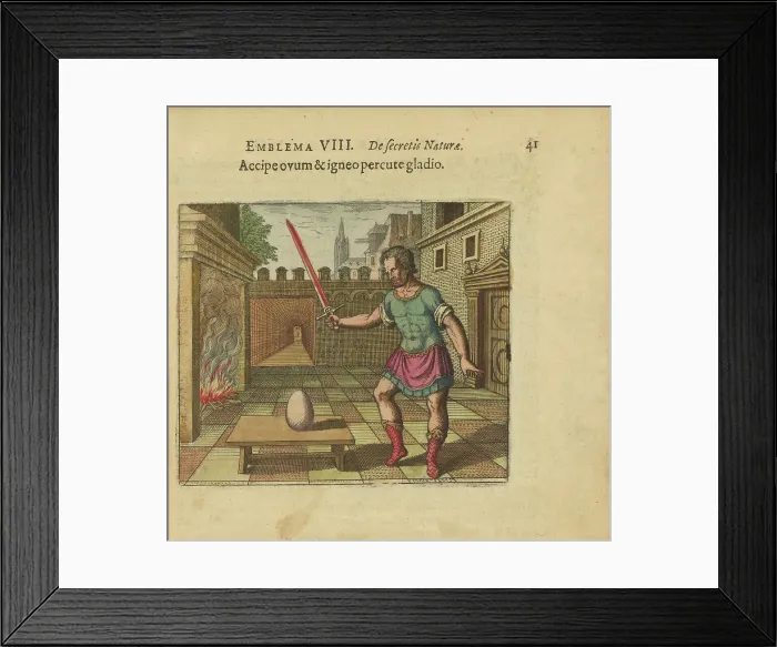 Framed Print : Emblem 8. Take the egg and hit it with a glowing sword, 1618. Creator: Merian, Matthäus, the Elder (1593-1650) Framed Print : Emblem 8. Take the egg and hit it with a glowing sword, 1618. Creator: Merian, Matthäus, the Elder (1593-1650)