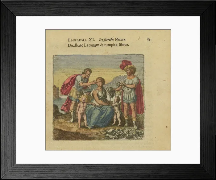Framed Print : Emblem 11. Machet knows the Latona and tears up the books, 1618. Creator: Merian, Matthäus, the Elder (1593-1650) Framed Print : Emblem 11. Machet knows the Latona and tears up the books, 1618. Creator: Merian, Matthäus, the Elder (1593-1650)