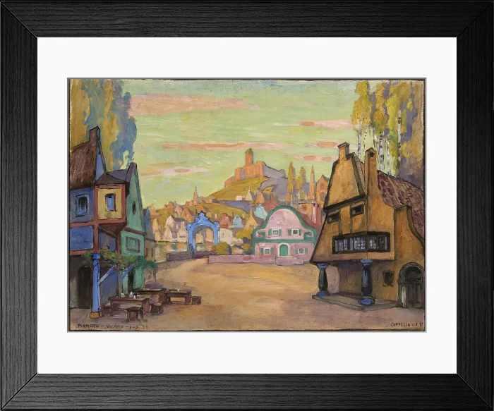 Framed Print : Stage design for the ballet Coppélia by Leo Delibes, 1936. Creator: Bianco, Pieretto (1875-1937) Framed Print : Stage design for the ballet Coppélia by Leo Delibes, 1936. Creator: Bianco, Pieretto (1875-1937)