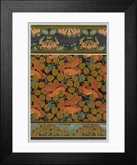 Framed Print : Swifts and honeysuckle. Squirrel and hazelnut. Birds and blooming hazel tree, 1897. Creator: Verneuil, Maurice Pillard (1869-1942) Framed Print : Swifts and honeysuckle. Squirrel and hazelnut. Birds and blooming hazel tree, 1897. Creator: Verneuil, Maurice Pillard (1869-1942)