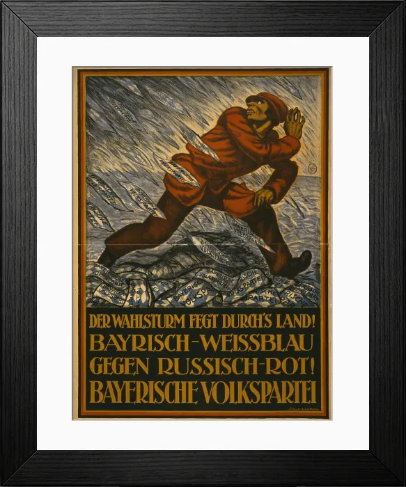 Framed Print : The election storm is sweeping through the country! Bavarian white and blue against... 1919. Creator: Keimel, Hermann (1889-1948) Framed Print : The election storm is sweeping through the country! Bavarian white and blue against... 1919. Creator: Keimel, Hermann (1889-1948)