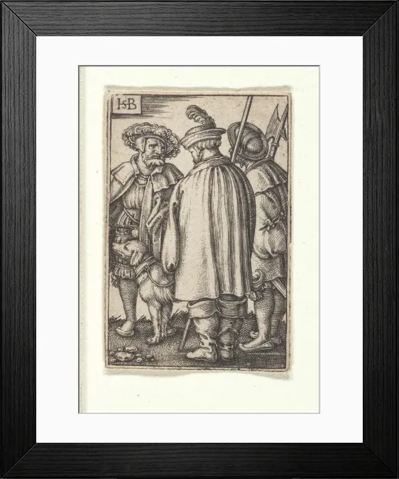 Framed Print : Three soldiers and a dog. Creator: Beham, Hans Sebald (1500-1550) Framed Print : Three soldiers and a dog. Creator: Beham, Hans Sebald (1500-1550)