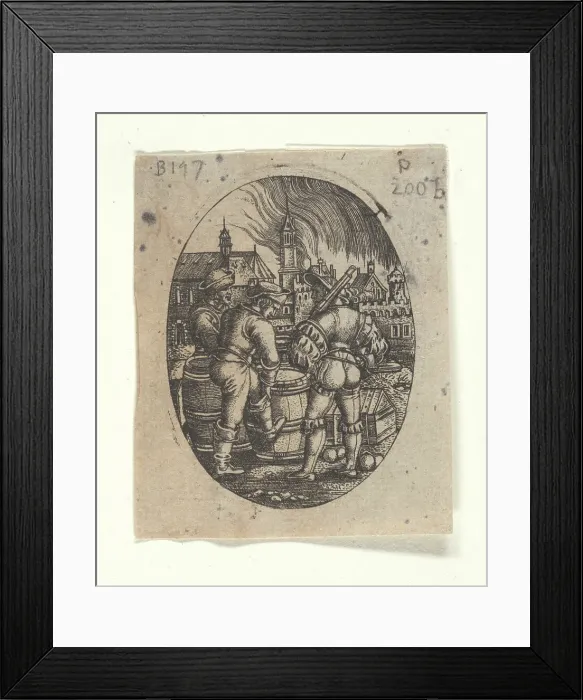 Framed Print : The sentinel at the powder kegs. Creator: Beham, Hans Sebald (1500-1550) Framed Print : The sentinel at the powder kegs. Creator: Beham, Hans Sebald (1500-1550)