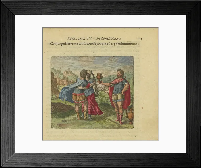 Framed Print : Emblem 4. Add the brother to the sister and give them the cup of love, 1618. Creator: Merian, Matthäus, the Elder (1593-1650) Framed Print : Emblem 4. Add the brother to the sister and give them the cup of love, 1618. Creator: Merian, Matthäus, the Elder (1593-1650)