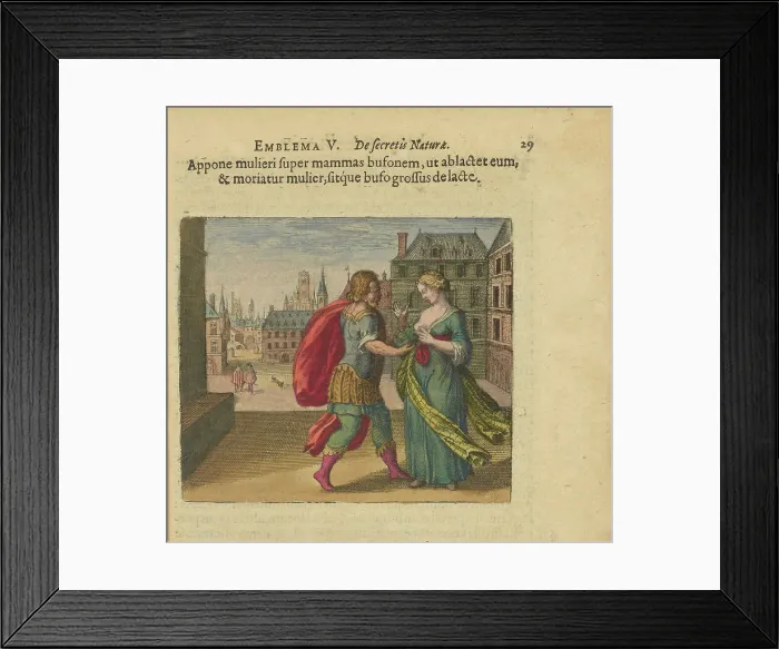 Framed Print : Emblem 5. Put the toad on the woman's breast so that it sucks, and the woman dies, and the... 1618. Creator: Merian, Matthäus, the Elder (1593-1650) Framed Print : Emblem 5. Put the toad on the woman's breast so that it sucks, and the woman dies, and the... 1618. Creator: Merian, Matthäus, the Elder (1593-1650)