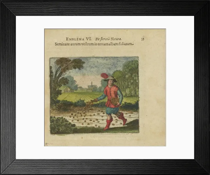 Framed Print : Emblem 6. Sow only gold in the white leafed earth. From Atalanta fugiens by Michael Maier, 1618. Creator: Merian, Matthäus, the Elder (1593-1650). Emblem 6. Sow only gold in the white leafed earth Framed Print : Emblem 6. Sow only gold in the white leafed earth. From Atalanta fugiens by Michael Maier, 1618. Creator: Merian, Matthäus, the Elder (1593-1650). Emblem 6. Sow only gold in the white leafed earth