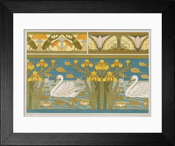 Framed Print : Stag beetles and mushrooms, sorrel and butterflies. Swans, irises and water lilies, 1897. Creator: Verneuil, Maurice Pillard (1869-1942) Framed Print : Stag beetles and mushrooms, sorrel and butterflies. Swans, irises and water lilies, 1897. Creator: Verneuil, Maurice Pillard (1869-1942)