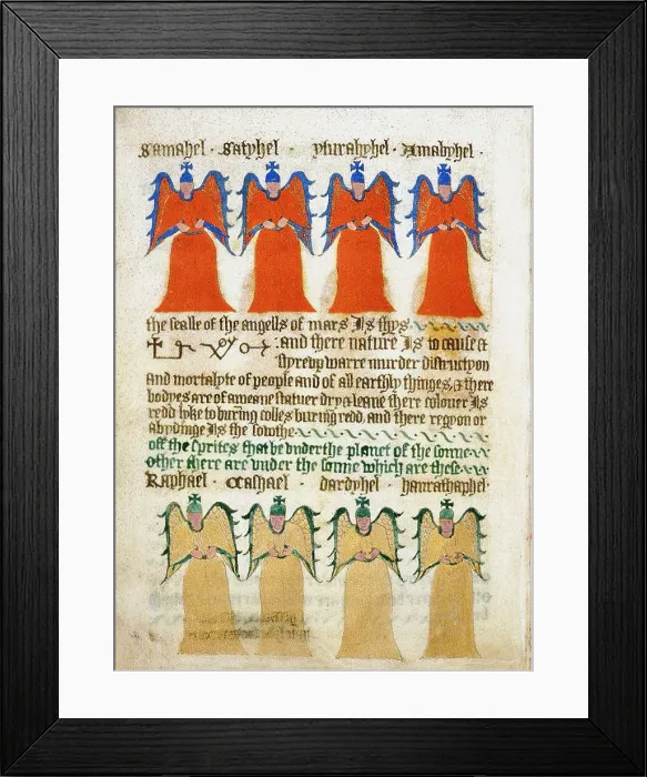 Framed Print : The red angels of Mars and the golden angels of the sun. ?From The Sworn Book of... 15th century. Creator: Unknown artist. The red angels of Mars and the golden angels of the sun. ?From The Sworn Book of... 15th century Framed Print : The red angels of Mars and the golden angels of the sun. ?From The Sworn Book of... 15th century. Creator: Unknown artist. The red angels of Mars and the golden angels of the sun. ?From The Sworn Book of... 15th century