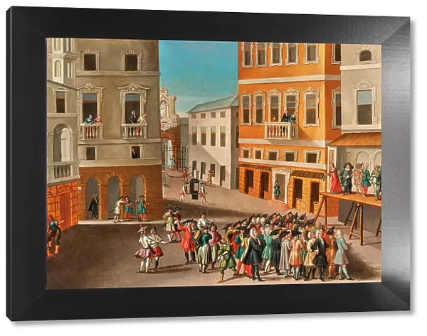 City landscape with actors from the Commedia dell'arte, 18th century. Creator: Unknown artist