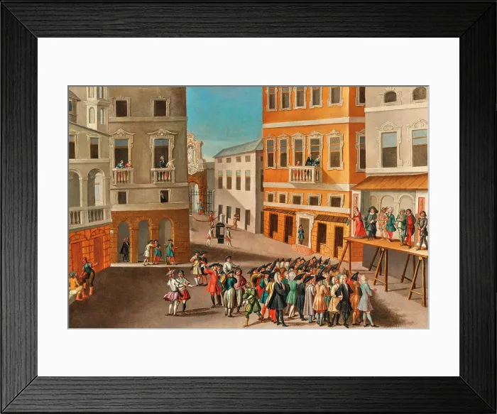 Framed Print : City landscape with actors from the Commedia dell'arte, 18th century. Creator: Unknown artist Framed Print : City landscape with actors from the Commedia dell'arte, 18th century. Creator: Unknown artist
