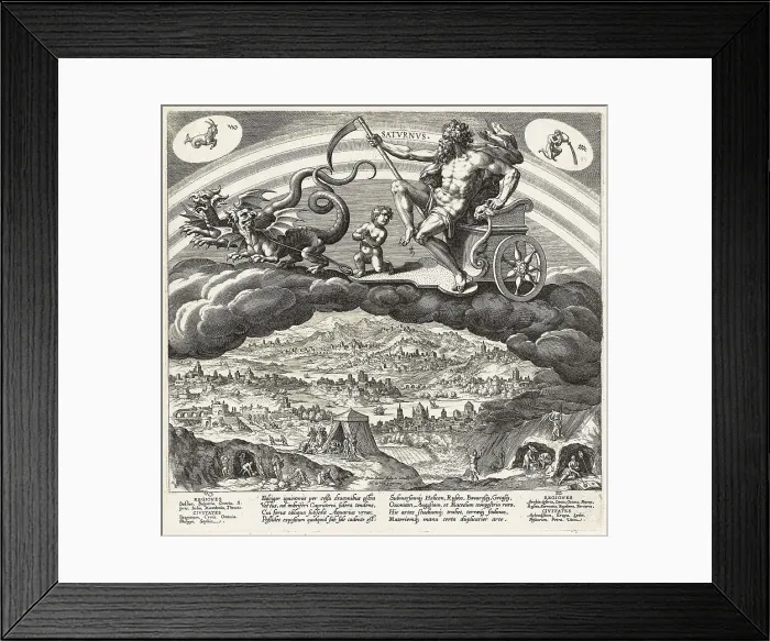 Framed Print : Saturn. (Planetarum effectus et eorum in signis zodiaci), 1585. Creator: Sadeler, Jan (Johannes), the Elder (1550-1600) Framed Print : Saturn. (Planetarum effectus et eorum in signis zodiaci), 1585. Creator: Sadeler, Jan (Johannes), the Elder (1550-1600)