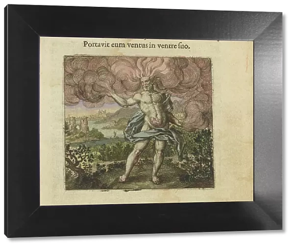 Emblem 1. The wind carried him in his belly. From 'Atalanta fugiens' by Michael Maier, 1618. Creator: Merian, Matthäus, the Elder (1593-1650). Emblem 1. The wind carried him in his belly