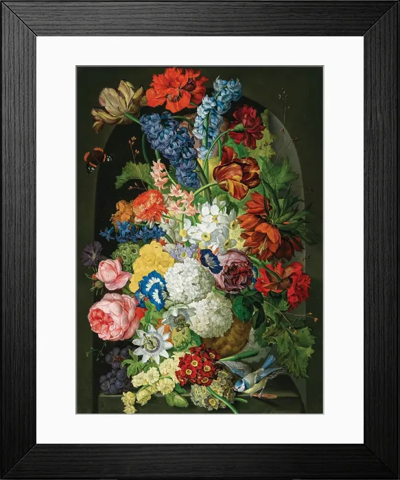 Framed Print : Floral still life with butterfly and blue tit. Creator: Wegmayr, Sebastian (1776-1857) Framed Print : Floral still life with butterfly and blue tit. Creator: Wegmayr, Sebastian (1776-1857)