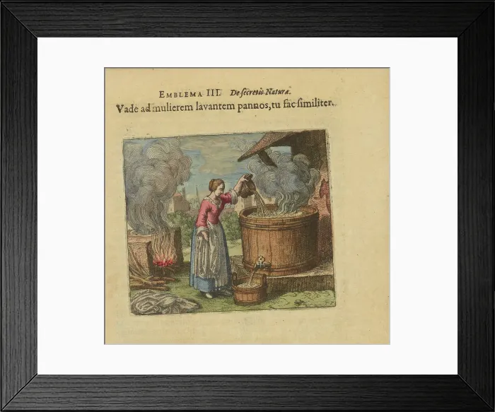 Framed Print : Emblem 3. Go to the woman who washes her smiles, do the same, 1618. Creator: Merian, Matthäus, the Elder (1593-1650) Framed Print : Emblem 3. Go to the woman who washes her smiles, do the same, 1618. Creator: Merian, Matthäus, the Elder (1593-1650)
