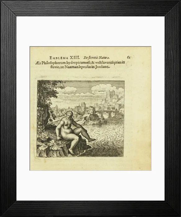 Framed Print : Emblem 13. The brass of the wise is addicted to dropsy and wants to be bathed seven times... 1618. Creator: Merian, Matthäus, the Elder (1593-1650) Framed Print : Emblem 13. The brass of the wise is addicted to dropsy and wants to be bathed seven times... 1618. Creator: Merian, Matthäus, the Elder (1593-1650)