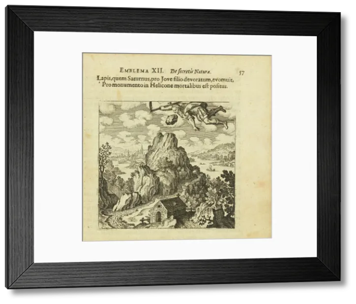 Framed Print : Emblem 12. The stone that Saturn ate and spat out before Jupiter's son is remembered... 1618. Creator: Merian, Matthäus, the Elder (1593-1650) Framed Print : Emblem 12. The stone that Saturn ate and spat out before Jupiter's son is remembered... 1618. Creator: Merian, Matthäus, the Elder (1593-1650)
