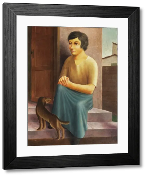 Framed Print : Girl with dog, 1924. Creator: Schrimpf, Georg (1889-1939) Framed Print : Girl with dog, 1924. Creator: Schrimpf, Georg (1889-1939)