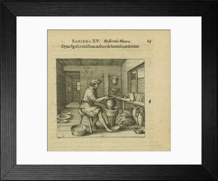 Framed Print : Emblem 15. The potter's work, consisting of dry and wet, shall teach you, 1618. Creator: Merian, Matthäus, the Elder (1593-1650) Framed Print : Emblem 15. The potter's work, consisting of dry and wet, shall teach you, 1618. Creator: Merian, Matthäus, the Elder (1593-1650)