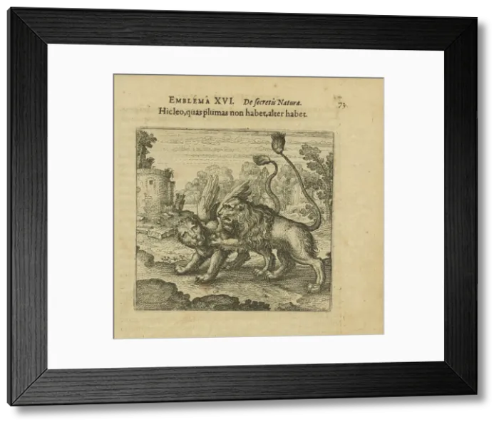 Framed Print : Emblem 16. This lion has no feathers, but that one has. From Atalanta fugiens by Michael... 1618. Creator: Merian, Matthäus, the Elder (1593-1650). Emblem 16. This lion has no feathers, but that one has Framed Print : Emblem 16. This lion has no feathers, but that one has. From Atalanta fugiens by Michael... 1618. Creator: Merian, Matthäus, the Elder (1593-1650). Emblem 16. This lion has no feathers, but that one has