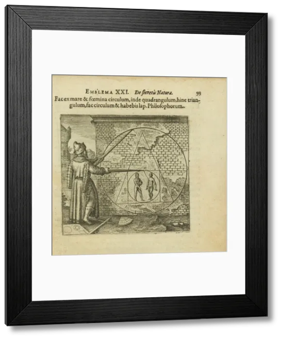 Framed Print : Emblem 21. Make a circle of man and woman, out of it a square, out of that into a triangle... 1618. Creator: Merian, Matthäus, the Elder (1593-1650) Framed Print : Emblem 21. Make a circle of man and woman, out of it a square, out of that into a triangle... 1618. Creator: Merian, Matthäus, the Elder (1593-1650)