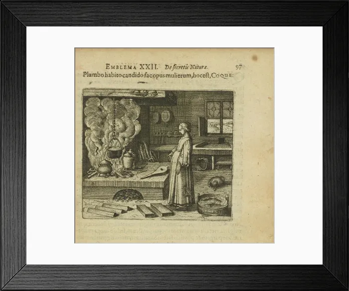 Framed Print : Emblem 22. If you have the white lead, do the woman's work, that is, cooking, 1618. Creator: Merian, Matthäus, the Elder (1593-1650) Framed Print : Emblem 22. If you have the white lead, do the woman's work, that is, cooking, 1618. Creator: Merian, Matthäus, the Elder (1593-1650)