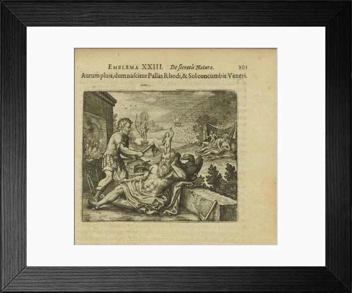 Framed Print : Emblem 23. It rains gold as Pallas is born at Rhodes and the sun is at Venus, 1618. Creator: Merian, Matthäus, the Elder (1593-1650) Framed Print : Emblem 23. It rains gold as Pallas is born at Rhodes and the sun is at Venus, 1618. Creator: Merian, Matthäus, the Elder (1593-1650)