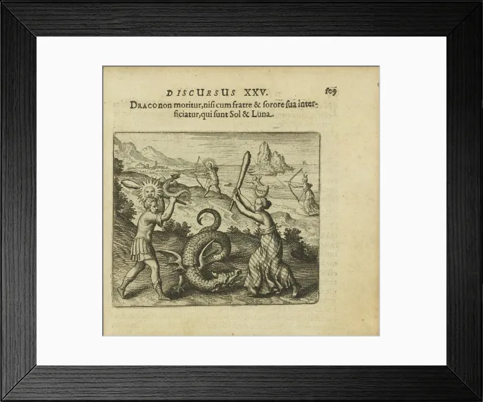 Framed Print : Emblem 25. The dragon does not die unless killed by his brother and sister, which are Sol... 1618. Creator: Merian, Matthäus, the Elder (1593-1650) Framed Print : Emblem 25. The dragon does not die unless killed by his brother and sister, which are Sol... 1618. Creator: Merian, Matthäus, the Elder (1593-1650)