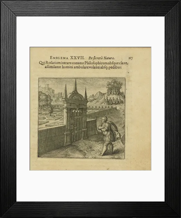 Framed Print : Emblem 27. Whoever wants to go in the philosopher's rose garden without the key is like a... 1618. Creator: Merian, Matthäus, the Elder (1593-1650) Framed Print : Emblem 27. Whoever wants to go in the philosopher's rose garden without the key is like a... 1618. Creator: Merian, Matthäus, the Elder (1593-1650)