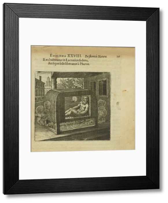 Framed Print : Emblem 28. The king bathes in the airy bath and is rid of the black bile by Pharut, 1618. Creator: Merian, Matthäus, the Elder (1593-1650)