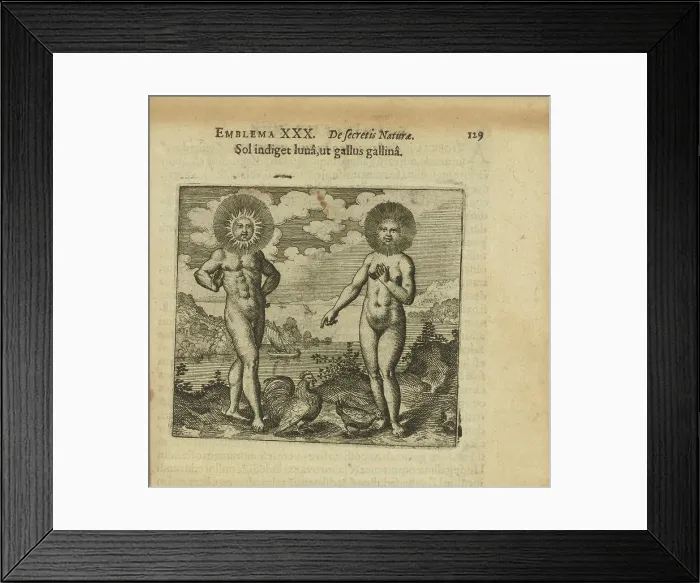 Framed Print : Emblem 30. The sun needs the moon, like the rooster needs the hens, 1618. Creator: Merian, Matthäus, the Elder (1593-1650) Framed Print : Emblem 30. The sun needs the moon, like the rooster needs the hens, 1618. Creator: Merian, Matthäus, the Elder (1593-1650)
