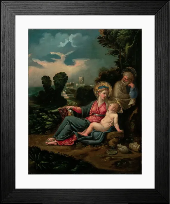 Framed Print : The Holy Family in a landscape, c.1534-1536. Creator: Girolamo da Carpi (Girolamo Sellari) (1501-1556) Framed Print : The Holy Family in a landscape, c.1534-1536. Creator: Girolamo da Carpi (Girolamo Sellari) (1501-1556)