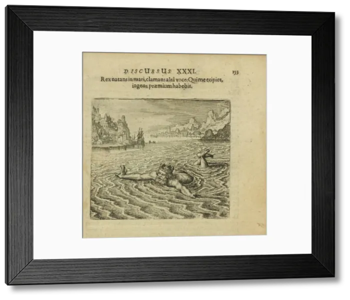 Framed Print : Emblem 31. The king, swimming in the sea, cries out with a loud voice: Whoever saves me... 1816. Creator: Merian, Matthäus, the Elder (1593-1650) Framed Print : Emblem 31. The king, swimming in the sea, cries out with a loud voice: Whoever saves me... 1816. Creator: Merian, Matthäus, the Elder (1593-1650)