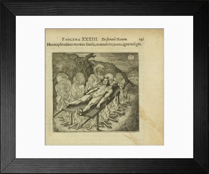 Framed Print : Emblem 33. The hermaphrodite, lying like a dead person in darkness, needs fire, 1816. Creator: Merian, Matthäus, the Elder (1593-1650) Framed Print : Emblem 33. The hermaphrodite, lying like a dead person in darkness, needs fire, 1816. Creator: Merian, Matthäus, the Elder (1593-1650)