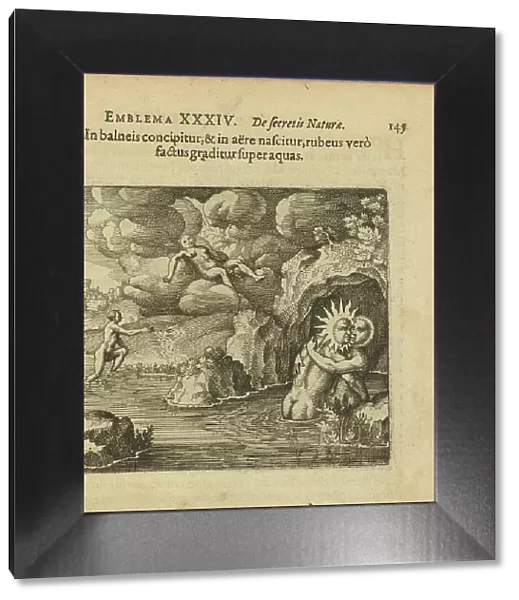 Emblem 34. He is conceived in a water bath and born in the air, but when he turns... 1816. Creator: Merian, Matthäus, the Elder (1593-1650)