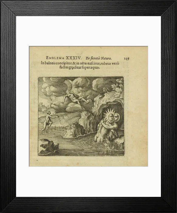 Framed Print : Emblem 34. He is conceived in a water bath and born in the air, but when he turns... 1816. Creator: Merian, Matthäus, the Elder (1593-1650) Framed Print : Emblem 34. He is conceived in a water bath and born in the air, but when he turns... 1816. Creator: Merian, Matthäus, the Elder (1593-1650)