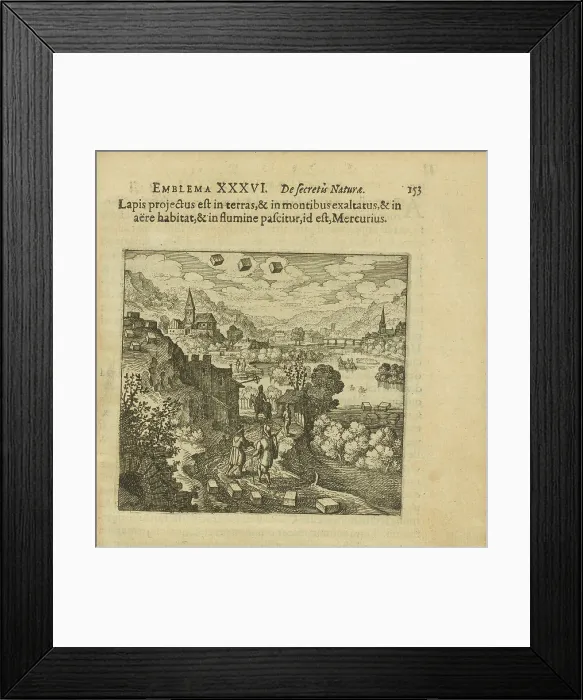 Framed Print : Emblem 36. This stone is cast on the earth and lifted up on the mountains, dwells in the air... 1816 Creator: Merian, Matthäus, the Elder (1593-1650) Framed Print : Emblem 36. This stone is cast on the earth and lifted up on the mountains, dwells in the air... 1816 Creator: Merian, Matthäus, the Elder (1593-1650)