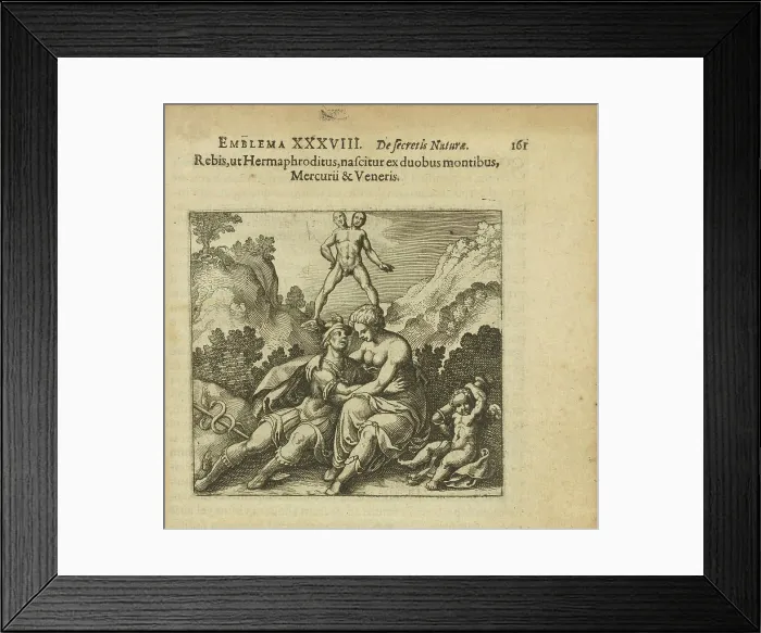 Framed Print : Emblem 38. The Rebis like a hermaphrodite is born from two mountains, Mercurius and Venus, 1816. Creator: Merian, Matthäus, the Elder (1593-1650) Framed Print : Emblem 38. The Rebis like a hermaphrodite is born from two mountains, Mercurius and Venus, 1816. Creator: Merian, Matthäus, the Elder (1593-1650)