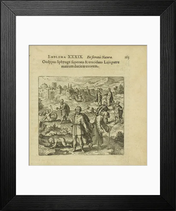 Framed Print : Emblem 39. Oedipus, after defeating the Sphynx and killing his father, takes his mother... 1816. Creator: Merian, Matthäus, the Elder (1593-1650) Framed Print : Emblem 39. Oedipus, after defeating the Sphynx and killing his father, takes his mother... 1816. Creator: Merian, Matthäus, the Elder (1593-1650)