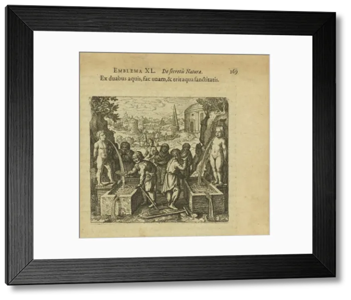 Framed Print : Emblem 40. Make two waters into one, and it will be the water of health, 1816. Creator: Merian, Matthäus, the Elder (1593-1650) Framed Print : Emblem 40. Make two waters into one, and it will be the water of health, 1816. Creator: Merian, Matthäus, the Elder (1593-1650)